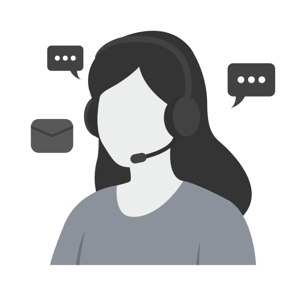 Illustration of a customer support representative wearing a headset, with speech bubbles and an envelope icon.