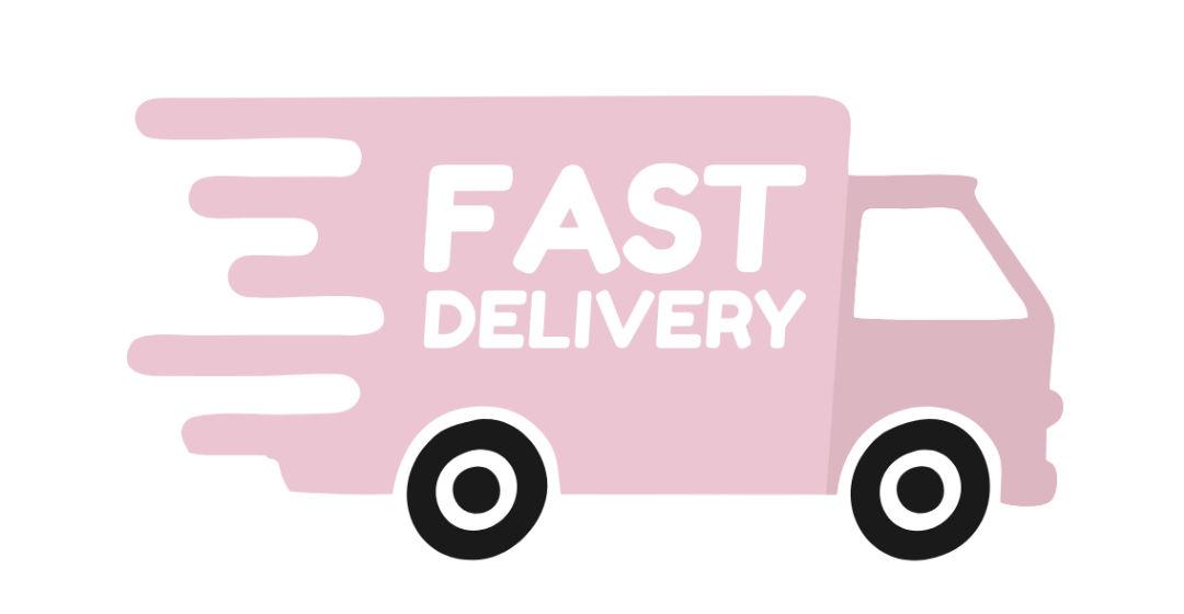 Διαφημιστικό σχέδιο ενός ροζ φορτηγού με την επιγραφή 'FAST DELIVERY'.
