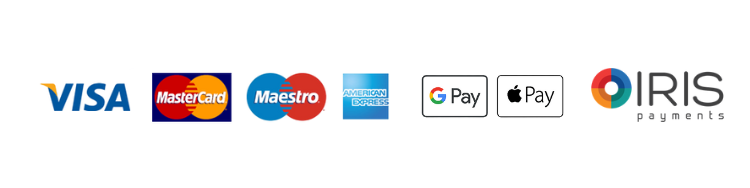 Row of payment method icons including Visa, Mastercard, Maestro, American Express, Google Pay, Apple Pay, and IRIS.